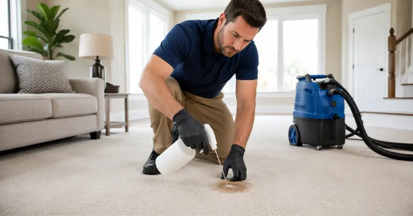 coffee stain removal professional pre-treatment on carpet in Audley North, Ajax