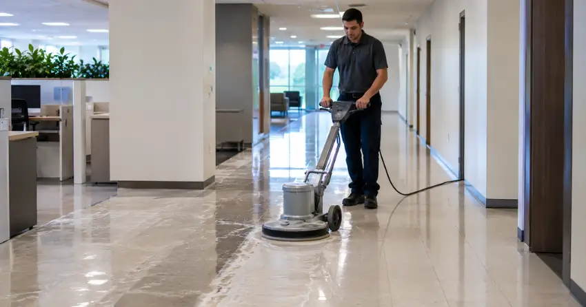 commercial floor cleaning machine stripping old wax from VCT tile in office Ajax