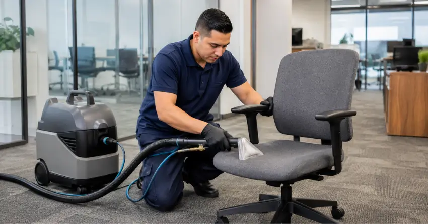 Commercial upholstery cleaning technician using professional extraction equipment on an office chair in a Ajax corporate facility