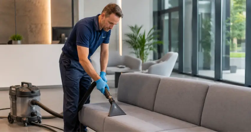 Clean commercial upholstery seating in a Ajax corporate reception area showing the result of professional upholstery cleaning