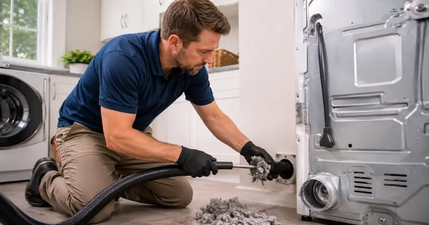 dryer vent blockage removal technician clearing lint from duct in Ajax