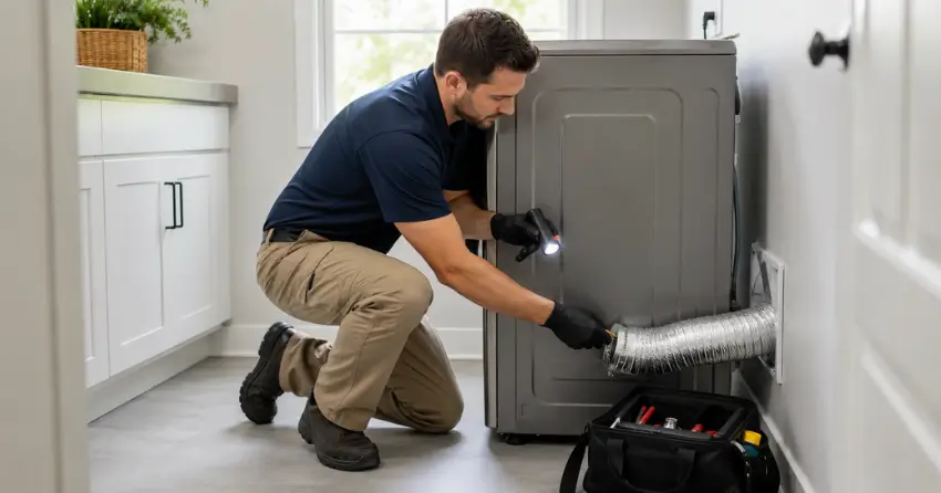 dryer vent cleaning technician inspecting duct connection in Applecroft, Ajax