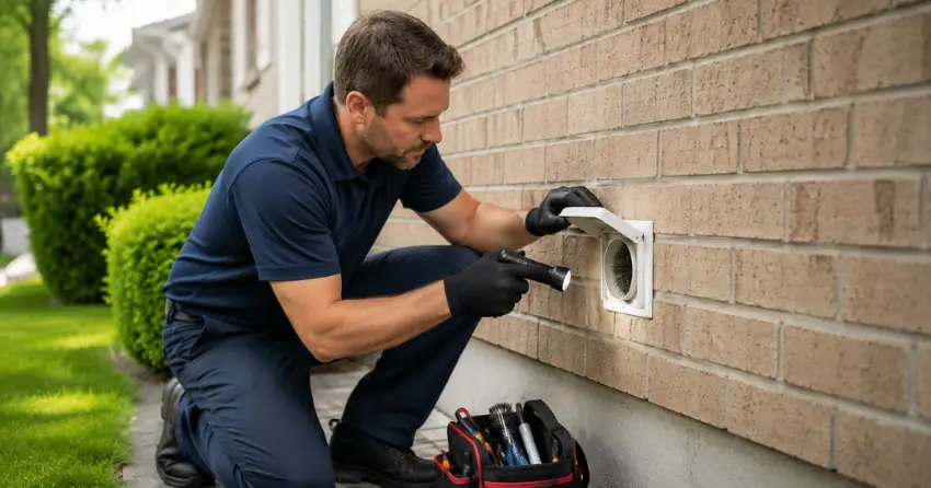 dryer vent inspection technician checking duct at exterior cap in Audley North, Ajax