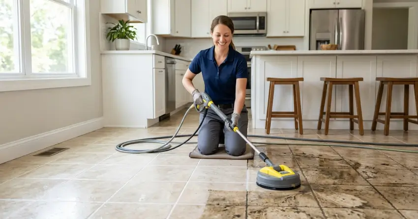 grout line cleaning before and after high-pressure tile cleaning in Ajax