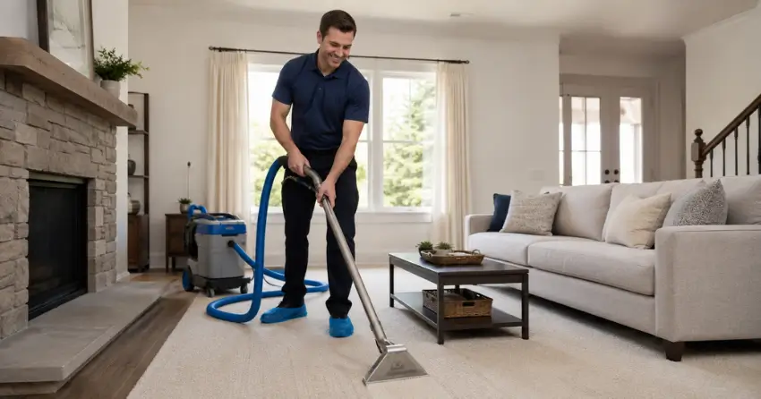 carpet cleaning technician completing residential carpet cleaning visit in Ajax