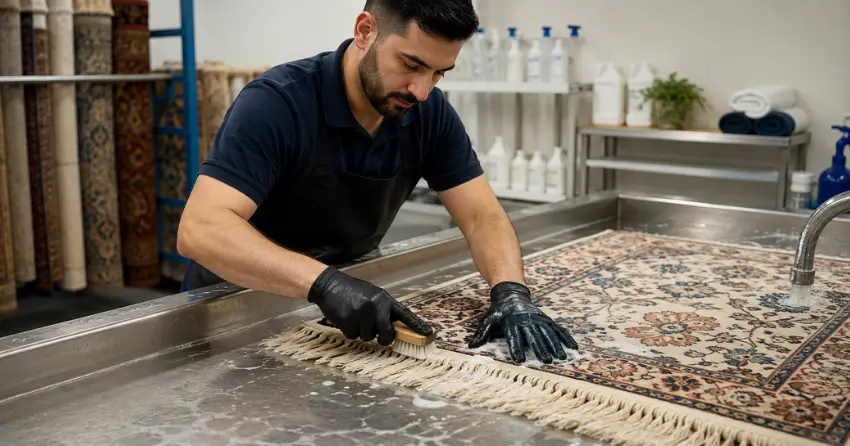 professional rug fringe cleaning process showing hand washing technique in Applecroft, Ajax