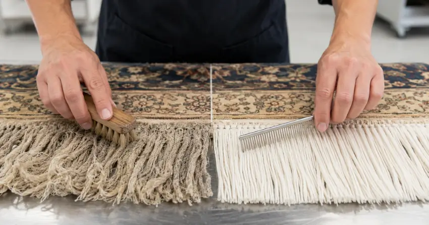 rug fringe cleaning before and after showing restored fringe in Applecroft, Ajax