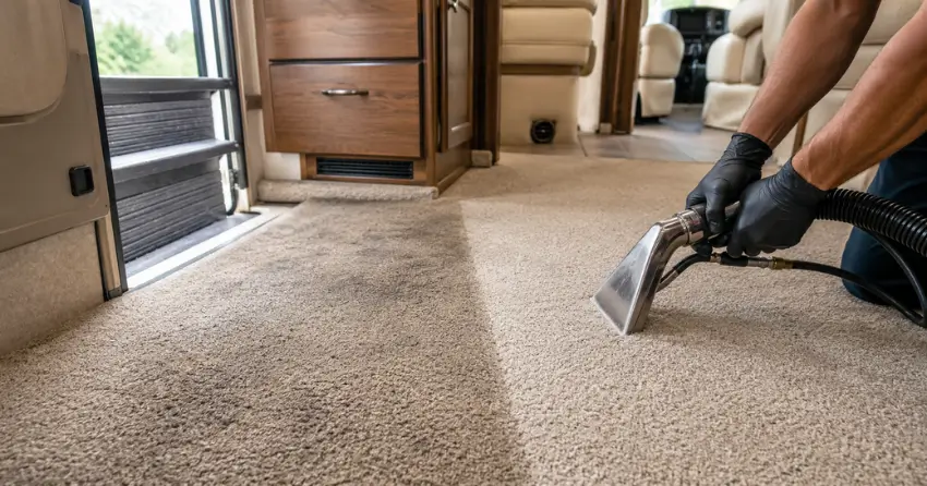 before and after RV carpet cleaning near entry steps
