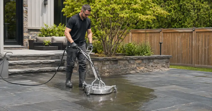 slate cleaning technician treating patio surface in Ajax