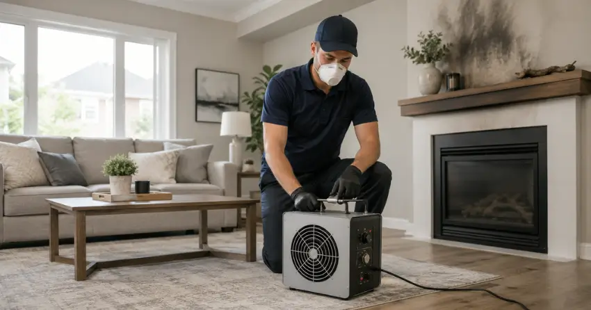 smoke odor removal technician using ozone equipment in Ajax
