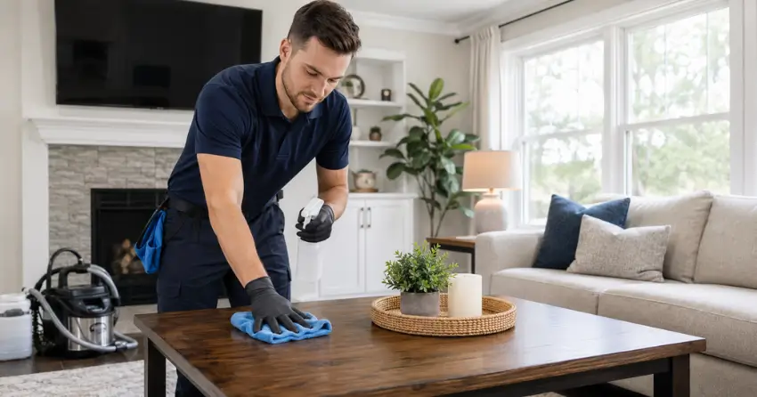 smoke odor treatment technician cleaning surfaces in Ajax