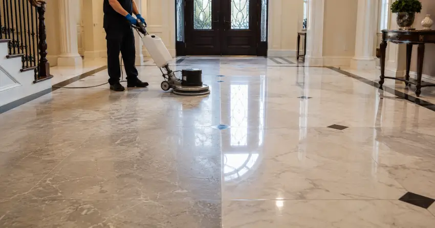 before and after Stone Floor Polishing Ajax marble entryway