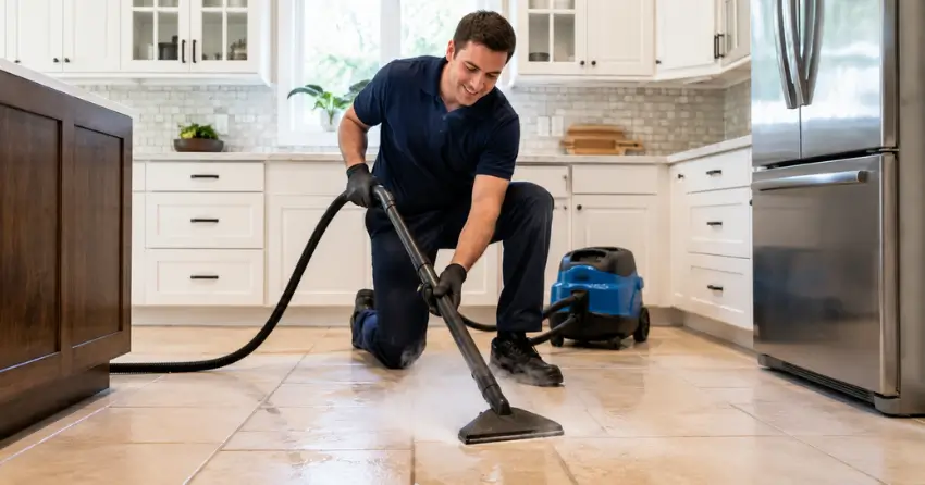 steam cleaning equipment lifting grime from tile grout