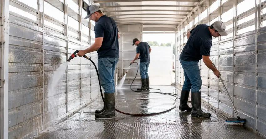 trailer interior cleaning crew washing down livestock area