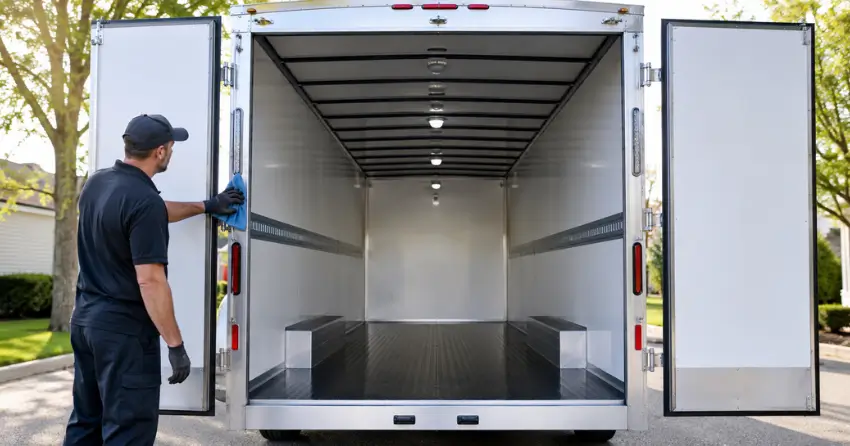 cargo trailer interior cleaned and dried before reloading