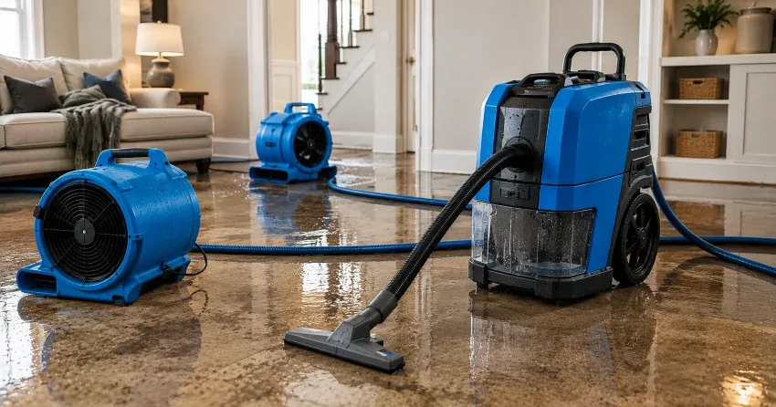 water extraction equipment set up inside flooded home in Ajax