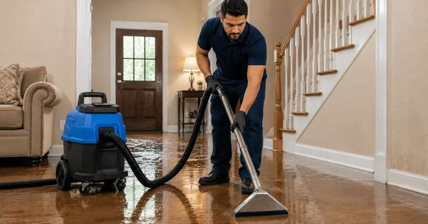 water damage cleanup technician using extraction equipment in Ajax