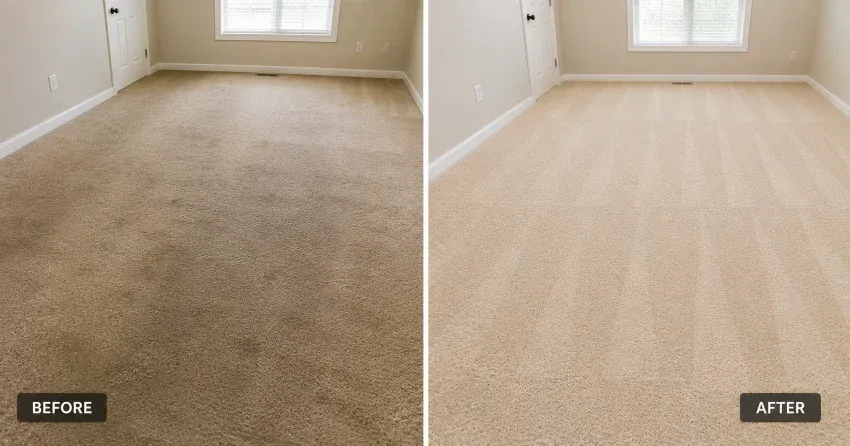 carpet before and after wall-to-wall carpet cleaning showing removed soil