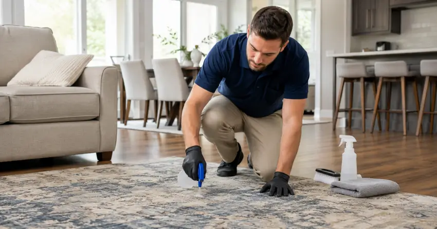 area rug cleaning process inspection and pre-treatment in Ajax