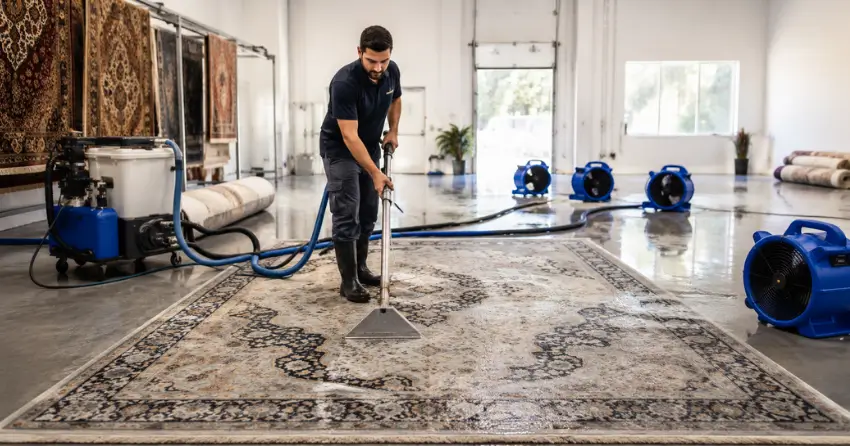 area rug being cleaned with extraction and drying process