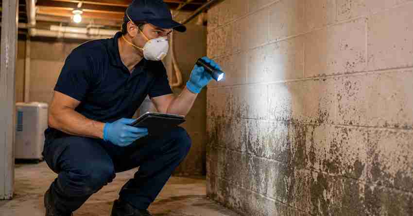 mold surface odor treatment technician inspecting musty basement in Ajax