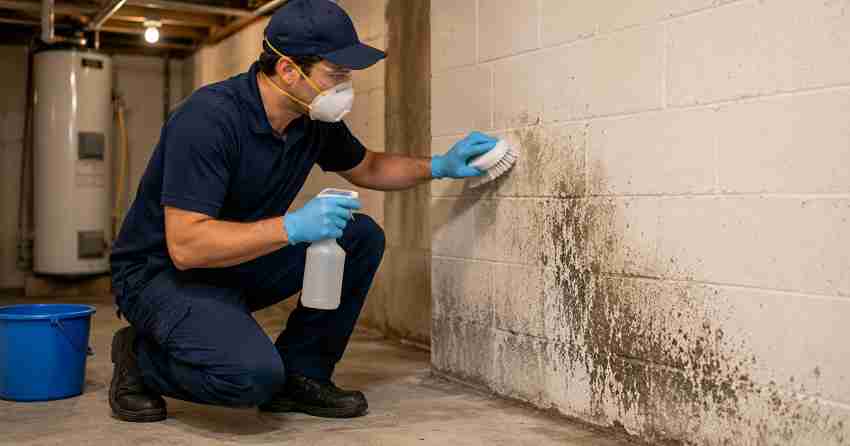 mold cleaning and odor source treatment on basement wall