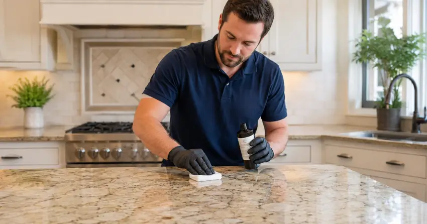 technician applying penetrating sealer to natural stone countertop