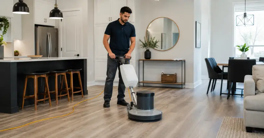 vinyl floor cleaning technician using professional floor machine in Ajax