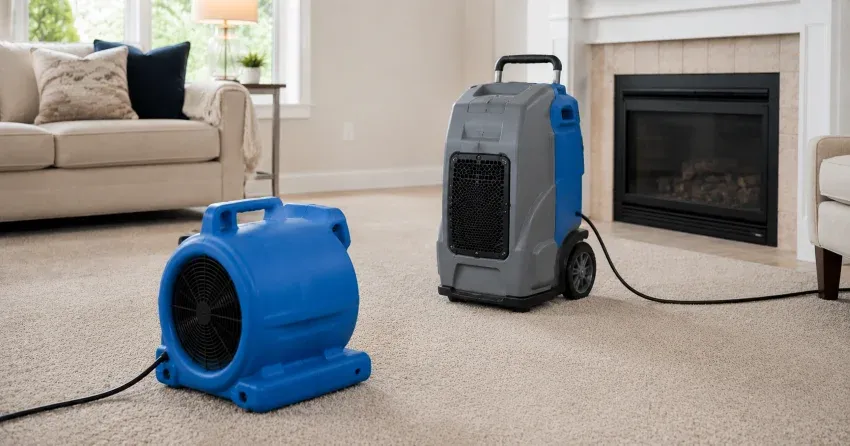professional wet carpet drying equipment set up in home in Clover Ridge, Ajax