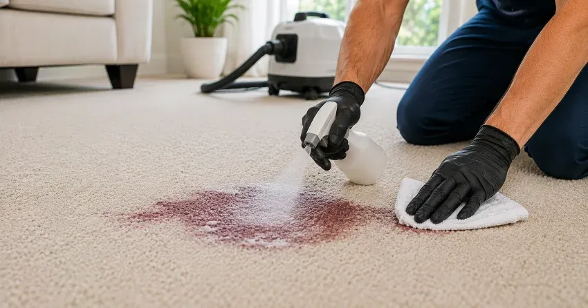 professional wine stain removal treatment on carpet in Clover Ridge, Ajax
